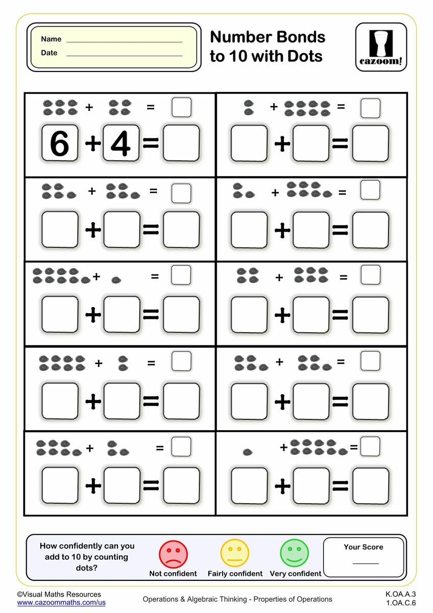 Number Bonds To 10 With Dots K Grade PDF Addition Worksheets Cazoom Math 10 Printable Number Bonds Math Worksheets Numbers 1 To 20 Kindergarten First Grade Homeschool Etsy