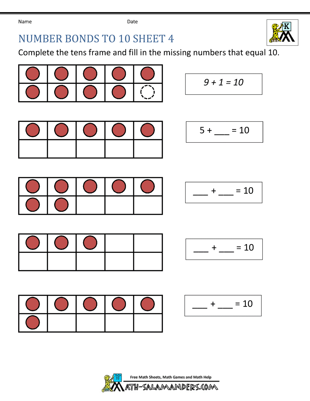 Number Bonds To 10 Worksheets Number Bonds To 10 Worksheets