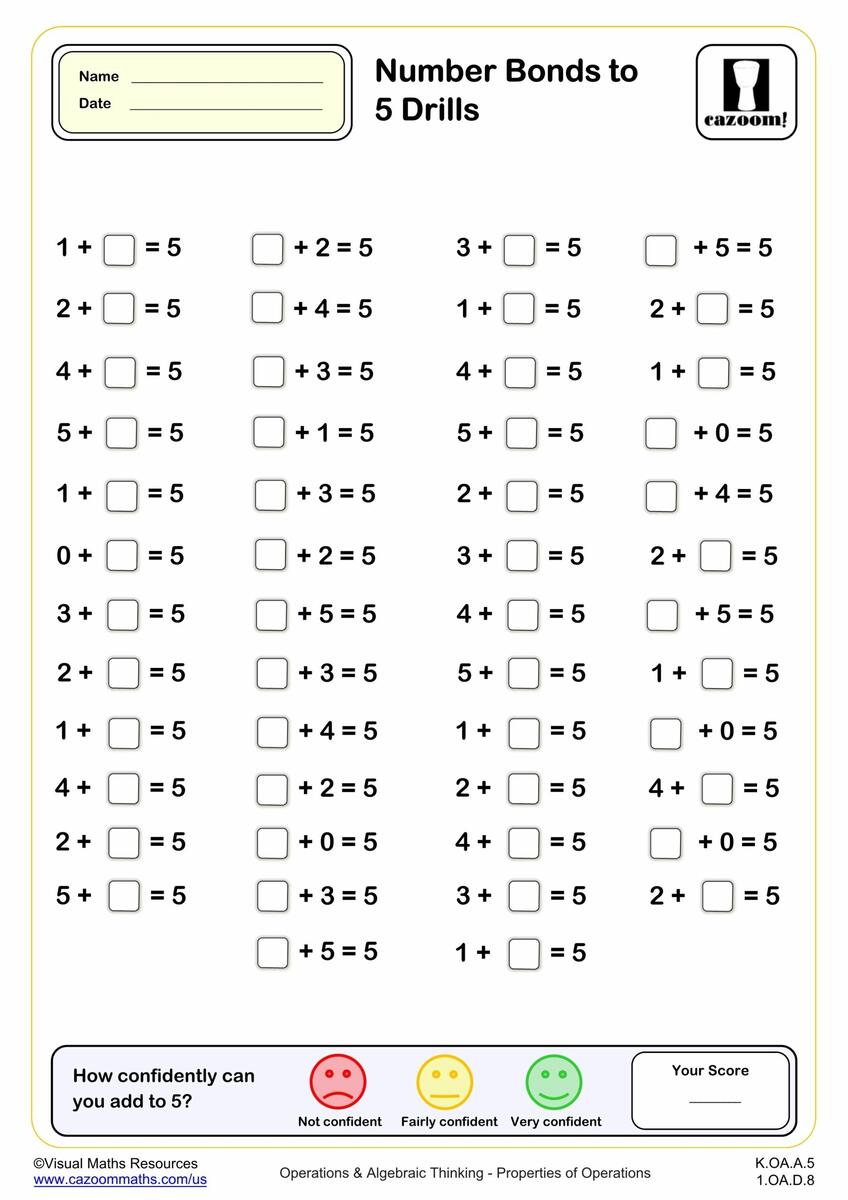 Number Bonds To 5 Drills 50 Questions Fun And Engaging K Grade PDF Worksheets Cazoom Math