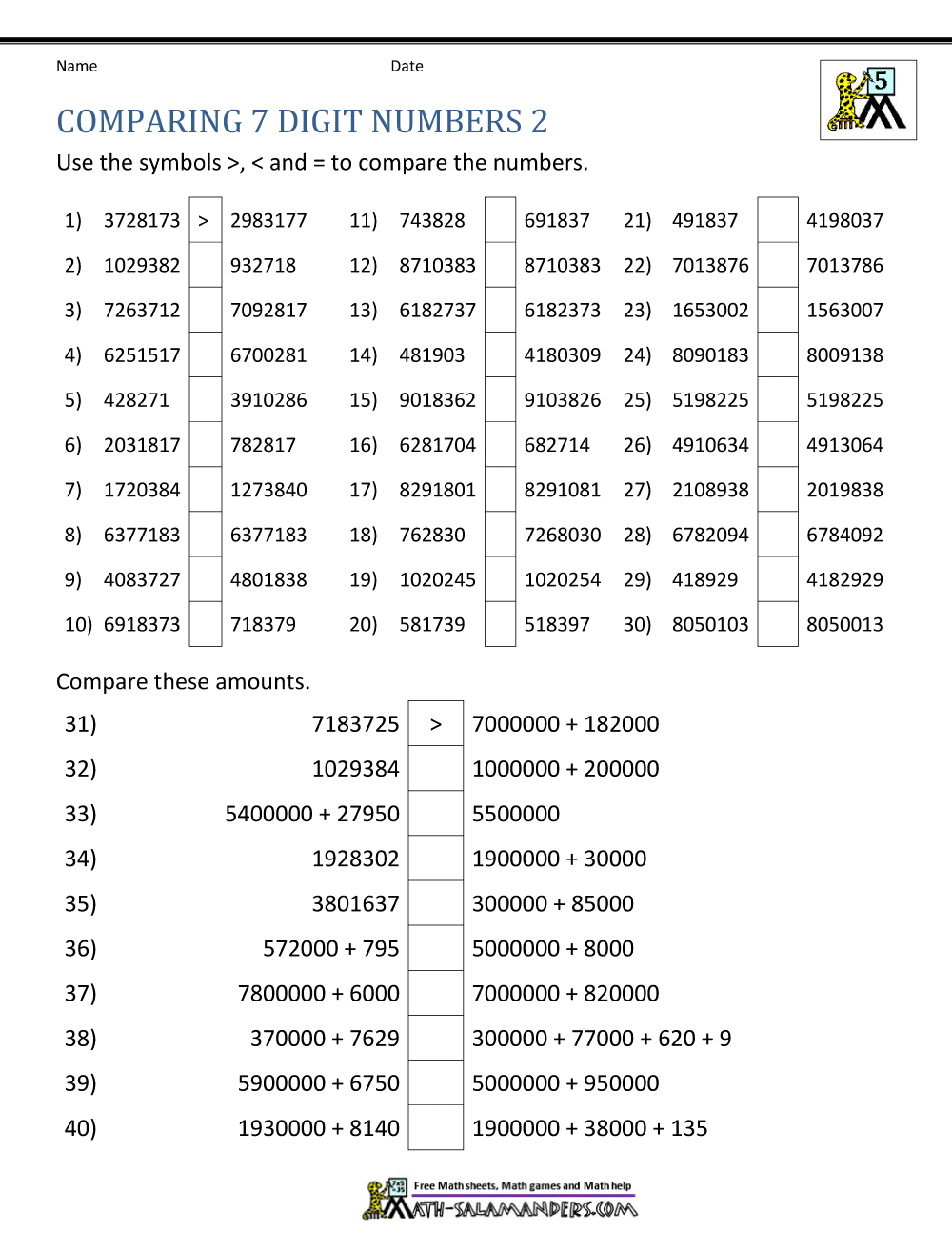 Ordering Large Numbers 5th Grade