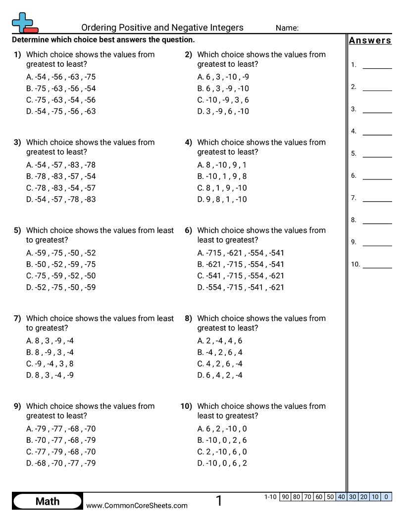 Ordering Positive And Negative Integers Worksheet Download