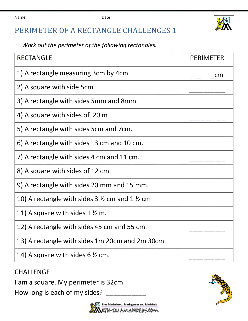 Perimeter Of A Rectangle Area And Perimeter Of Rectangle