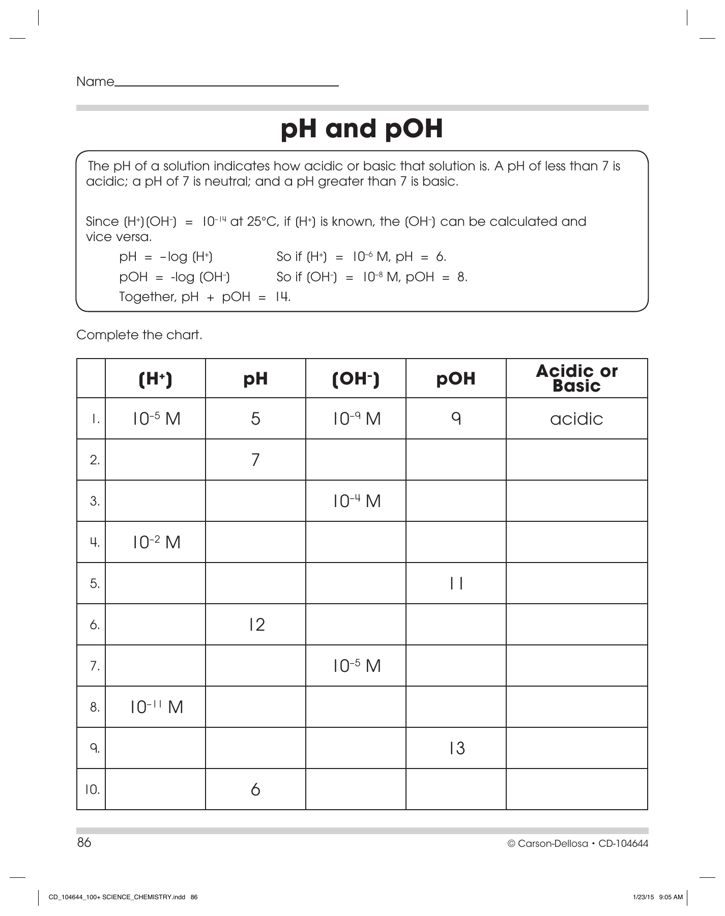 PH And POH Worksheet Chemistry Calculations PH And POH Worksheet Chemistry Calculations