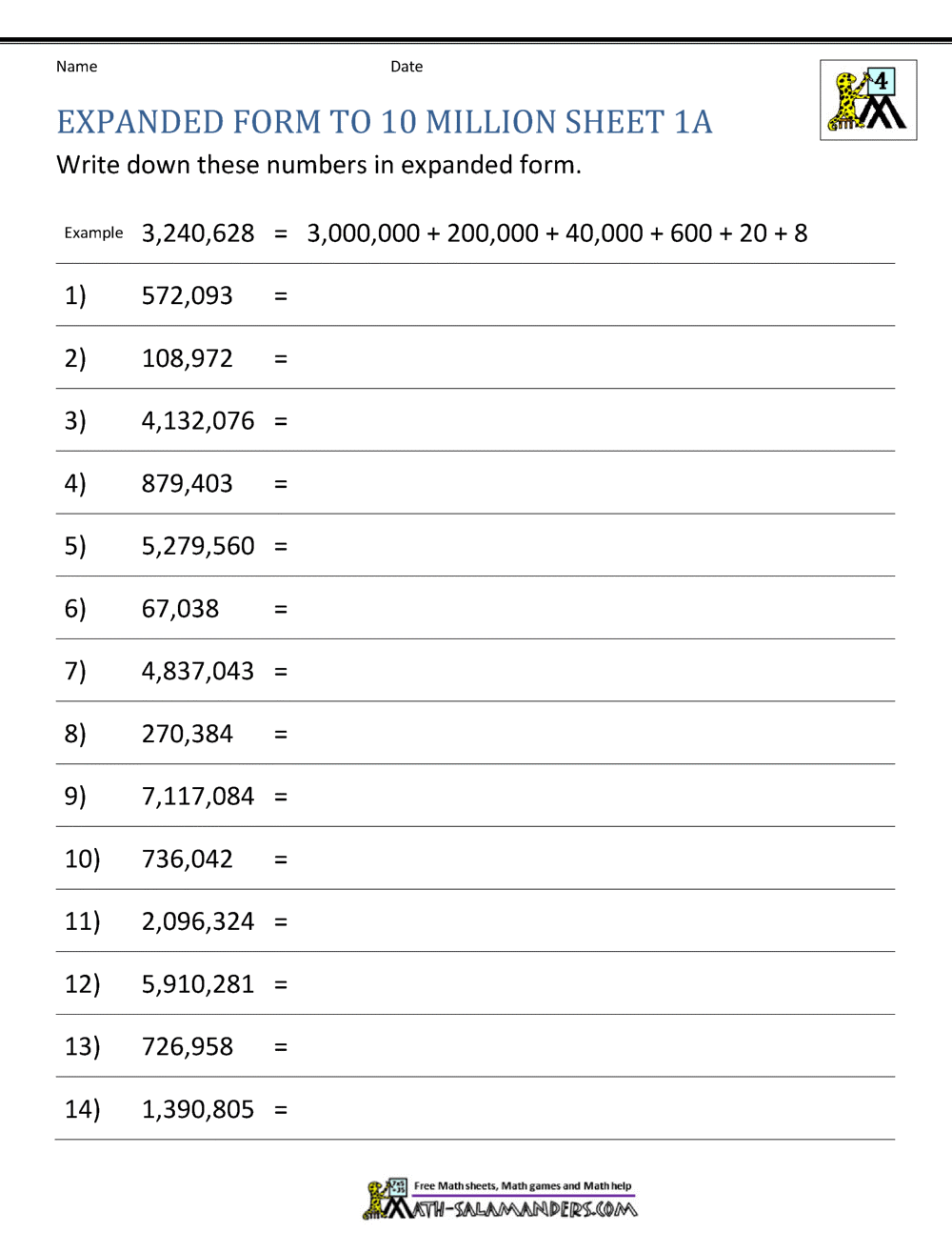 Place Value Worksheet Up To 10 Million Fourth Grade Place Value Worksheet