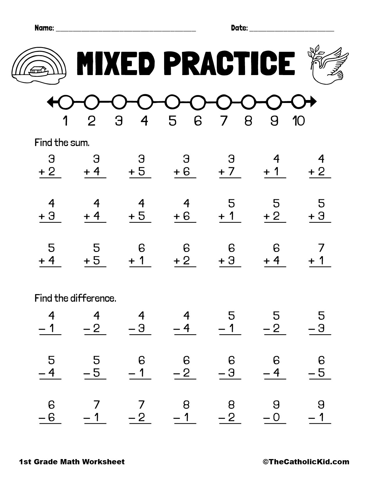 Practice Addition Subtraction 1st Grade Math Worksheet Catholic TheCatholicKid 1st Grade Math Worksheets Free Printables