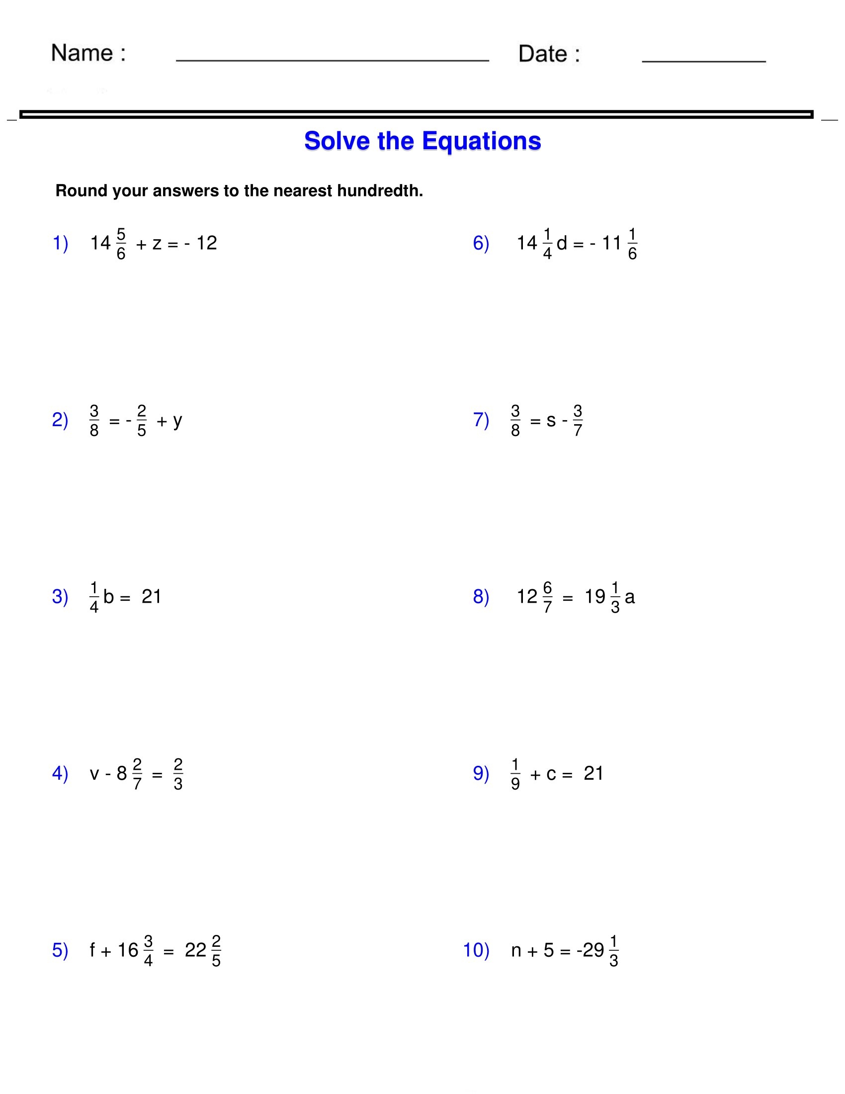 Pre Algebra Equations One Step Equations Containing Fractions Worksheets Made By Teachers Printable One Variable Equations Worksheets