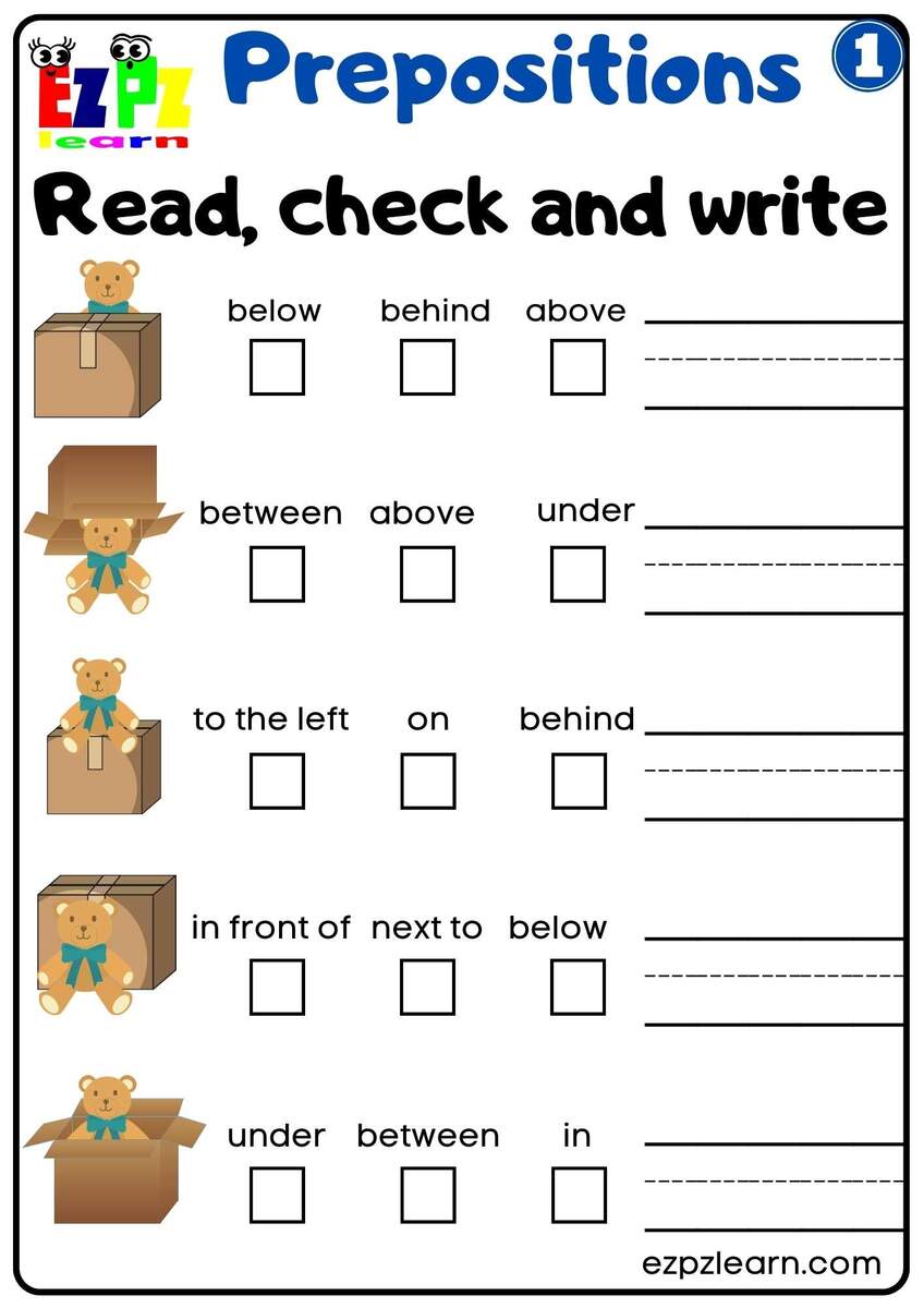 Prepositions Of Place Read Check And Write Worksheet For Kindergarten K5 And ESL Students G1 Ezpzlearn Size Distance Direction Worksheets K12 Math Worksheets