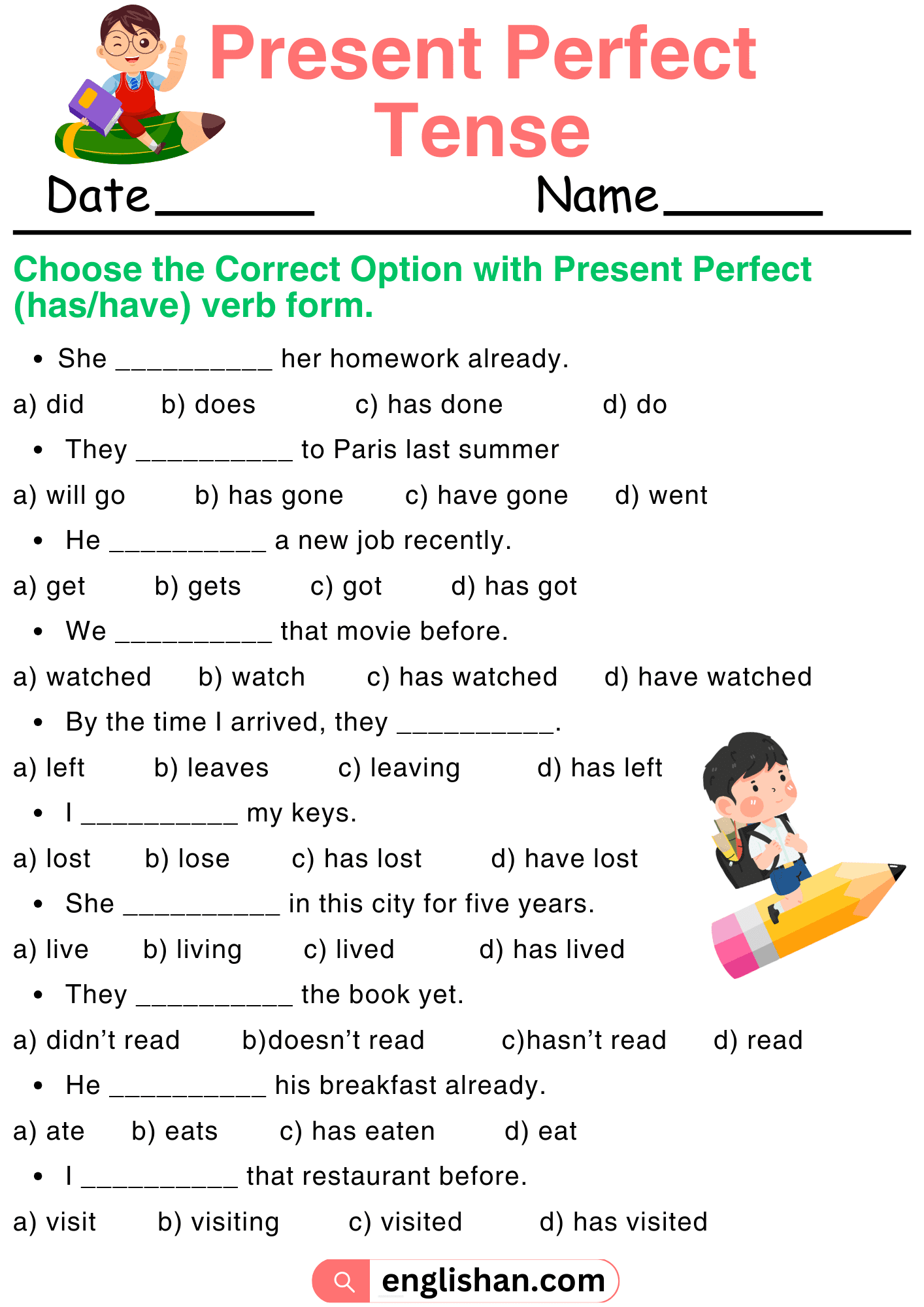 Present Perfect Tense Worksheets And Exercises With Answers Present Perfect Tense Worksheets And Exercises With Answers Worksheets Library