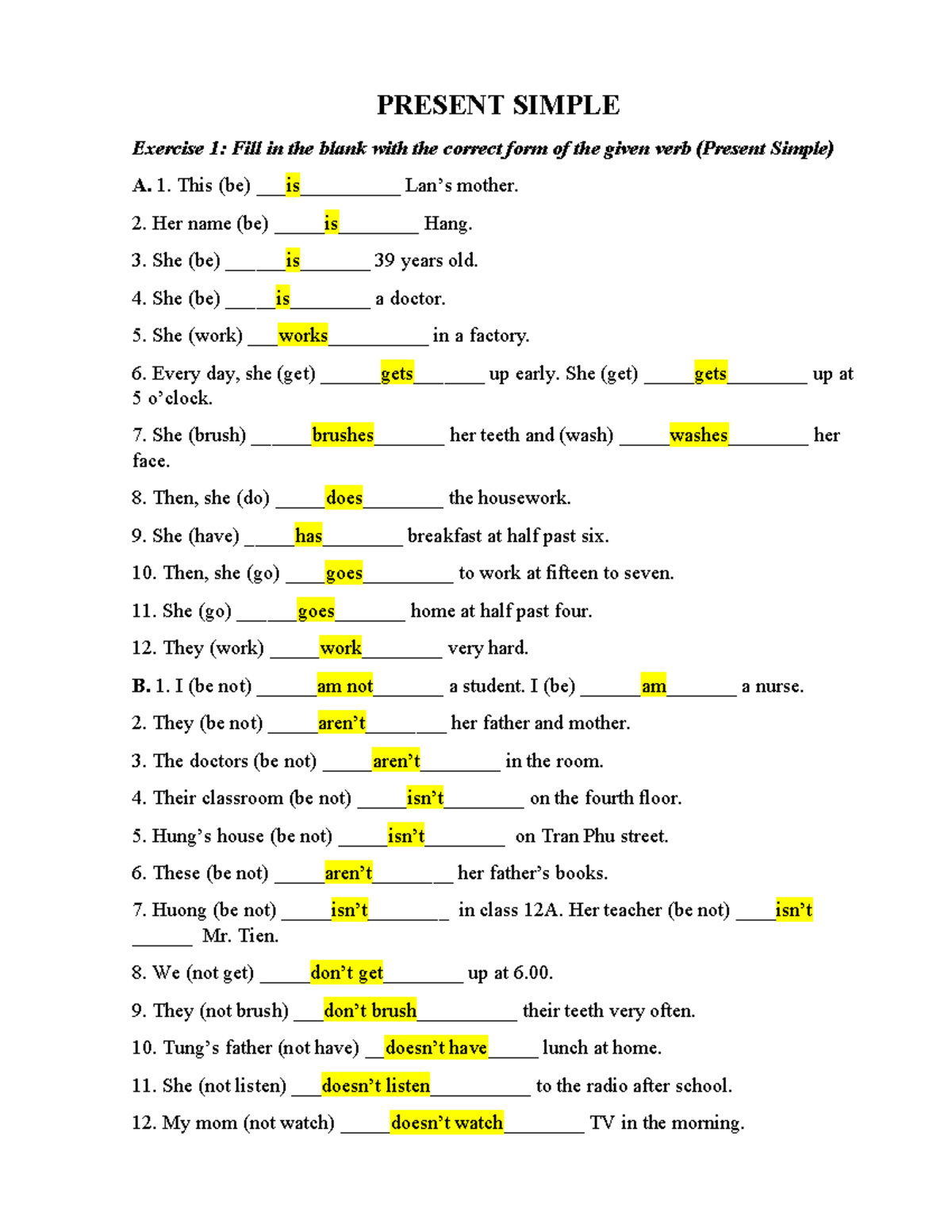 Present Simple Exercises Fill In The Blanks With Correct Verbs Studocu
