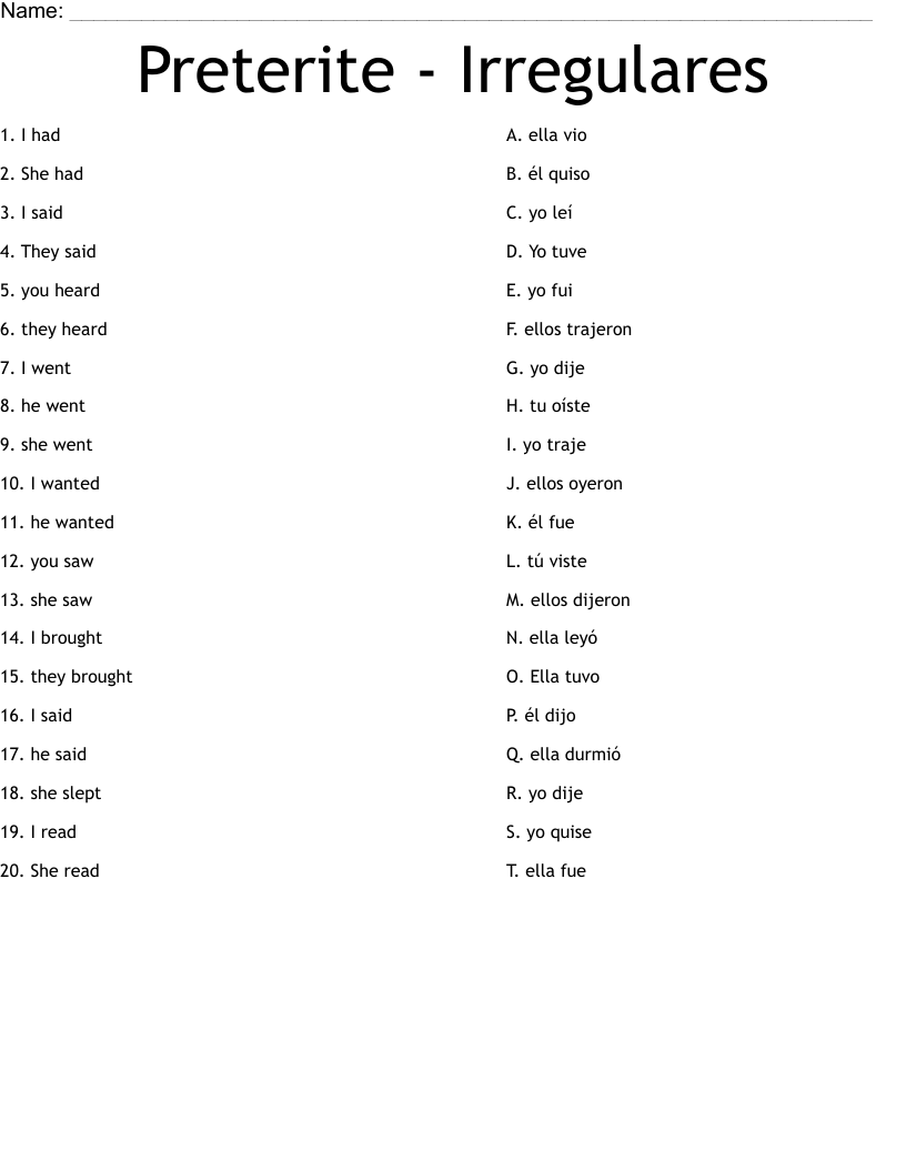 Preterite Irregulares Worksheet WordMint Irregular Preterite Verbs Crossword WordMint