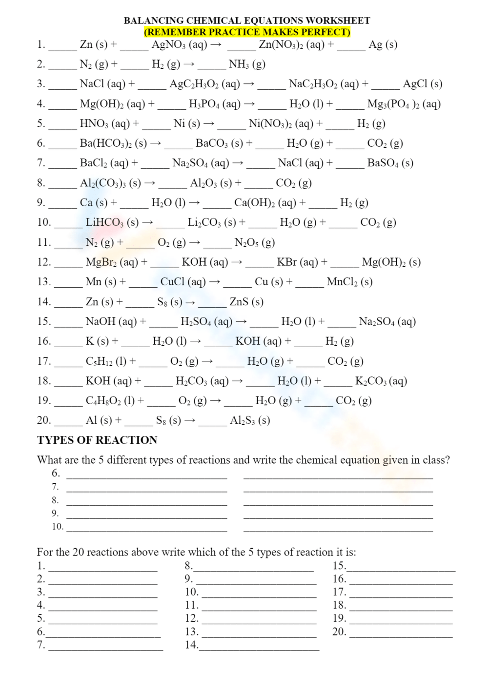 Printable 7th Grade Balancing Chemical Equations Worksheets Printable 7th Grade Balancing Chemical Equations Worksheets