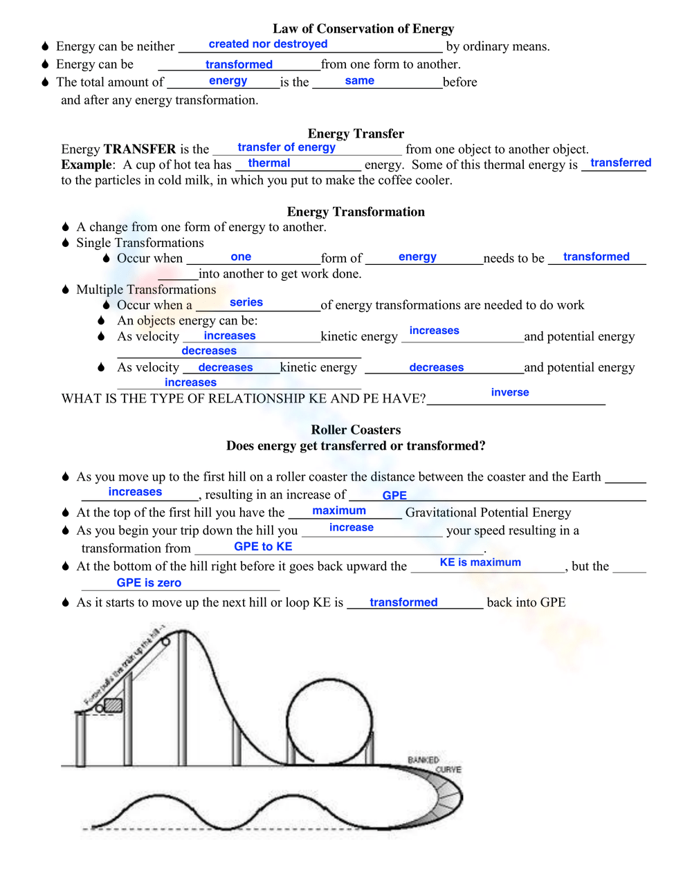 Printable Kinetic Potential Energy Worksheets Download Quiz Worksheet Roller Coaster Physics Study