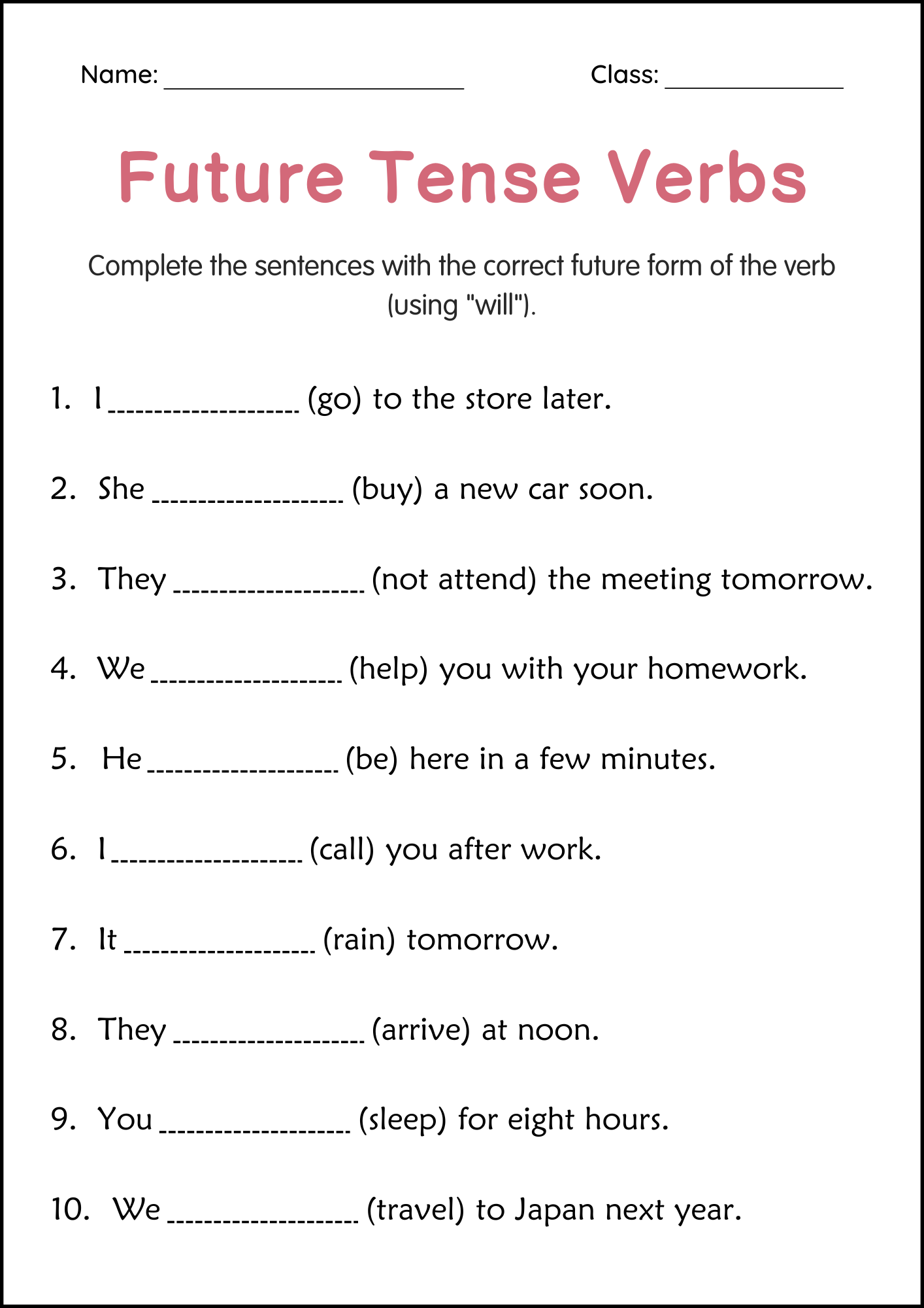 Printable Simple Future Tense Verbs Grammar Worksheets For Grade 2 3 4 Teaching Resources Printable Simple Future Tense Verbs Grammar Worksheets For Grade 2 3 4 Teaching Resources