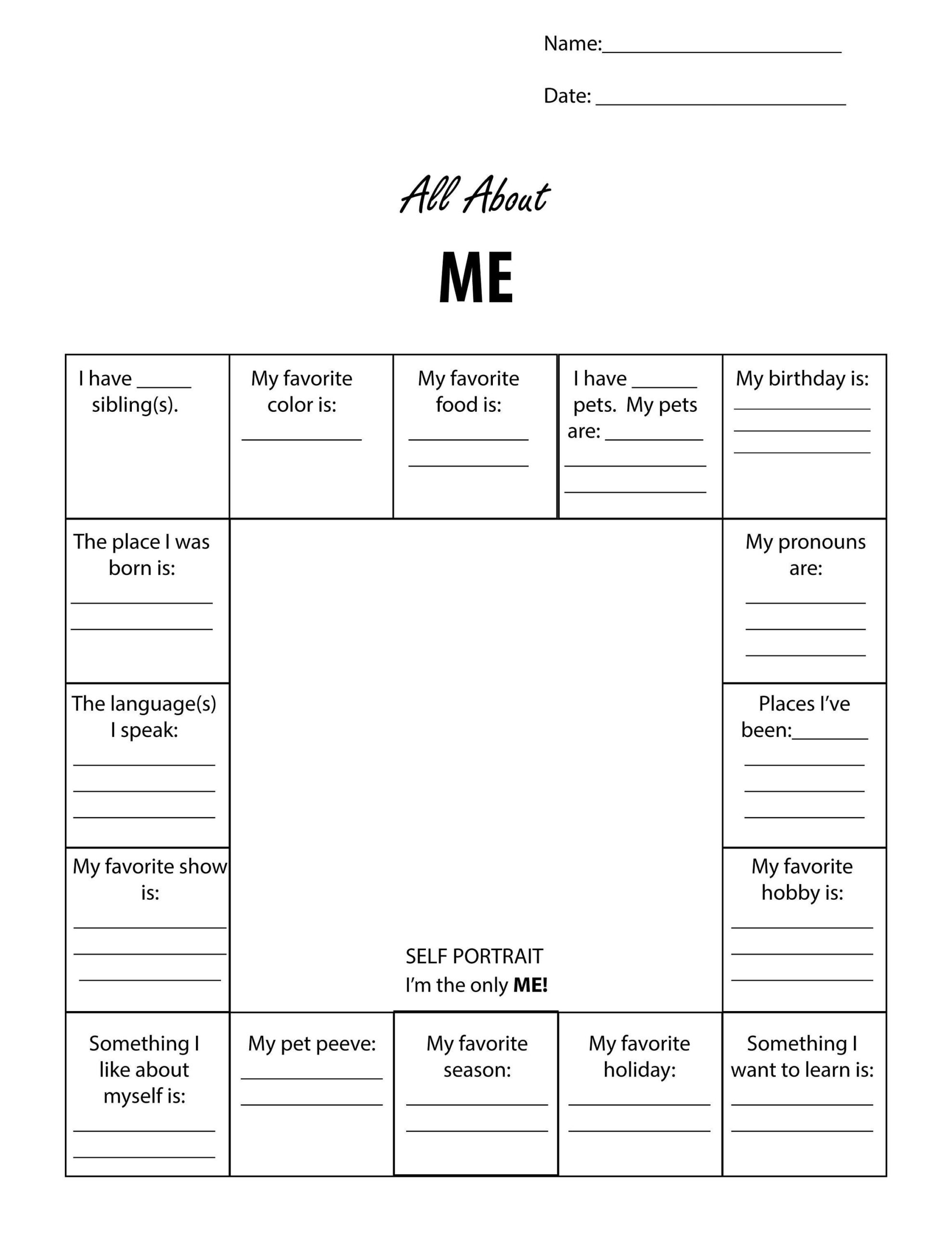 Printable Worksheet All About Me Academic Resource Etsy