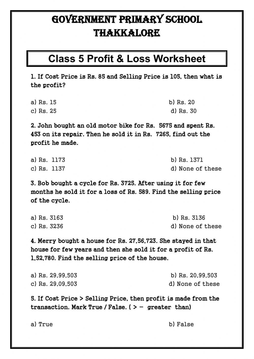 Profit And Loss Activity Worksheets Library
