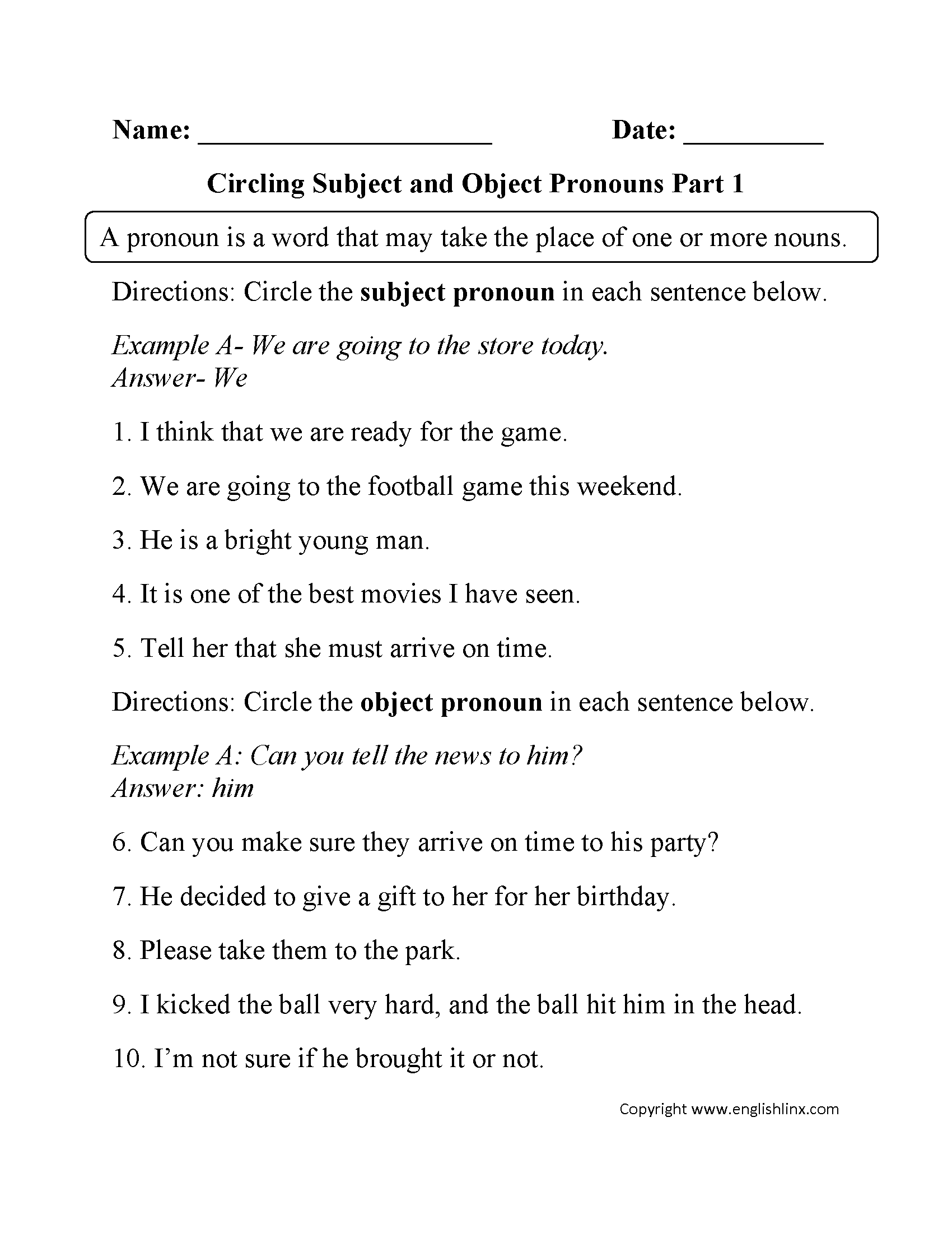 Pronouns Worksheets Subject And Object Pronouns Worksheets Pronouns Worksheets Subject And Object Pronouns Worksheets
