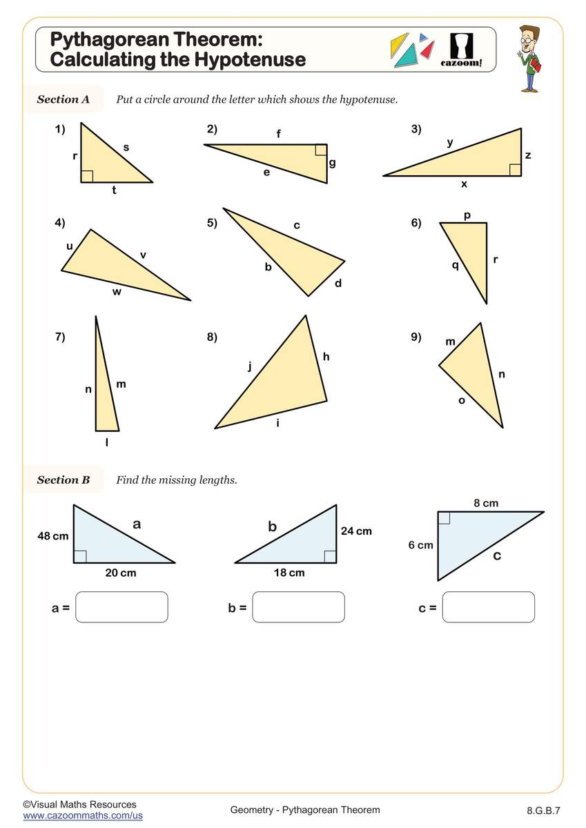 Pythagorean Theorem Calculating The Hypotenuse Worksheet PDF Printable Geometry Worksheet Cazoom Math Pythagorean Theorem Calculating The Hypotenuse Worksheet PDF Printable Geometry Worksheet Cazoom Math