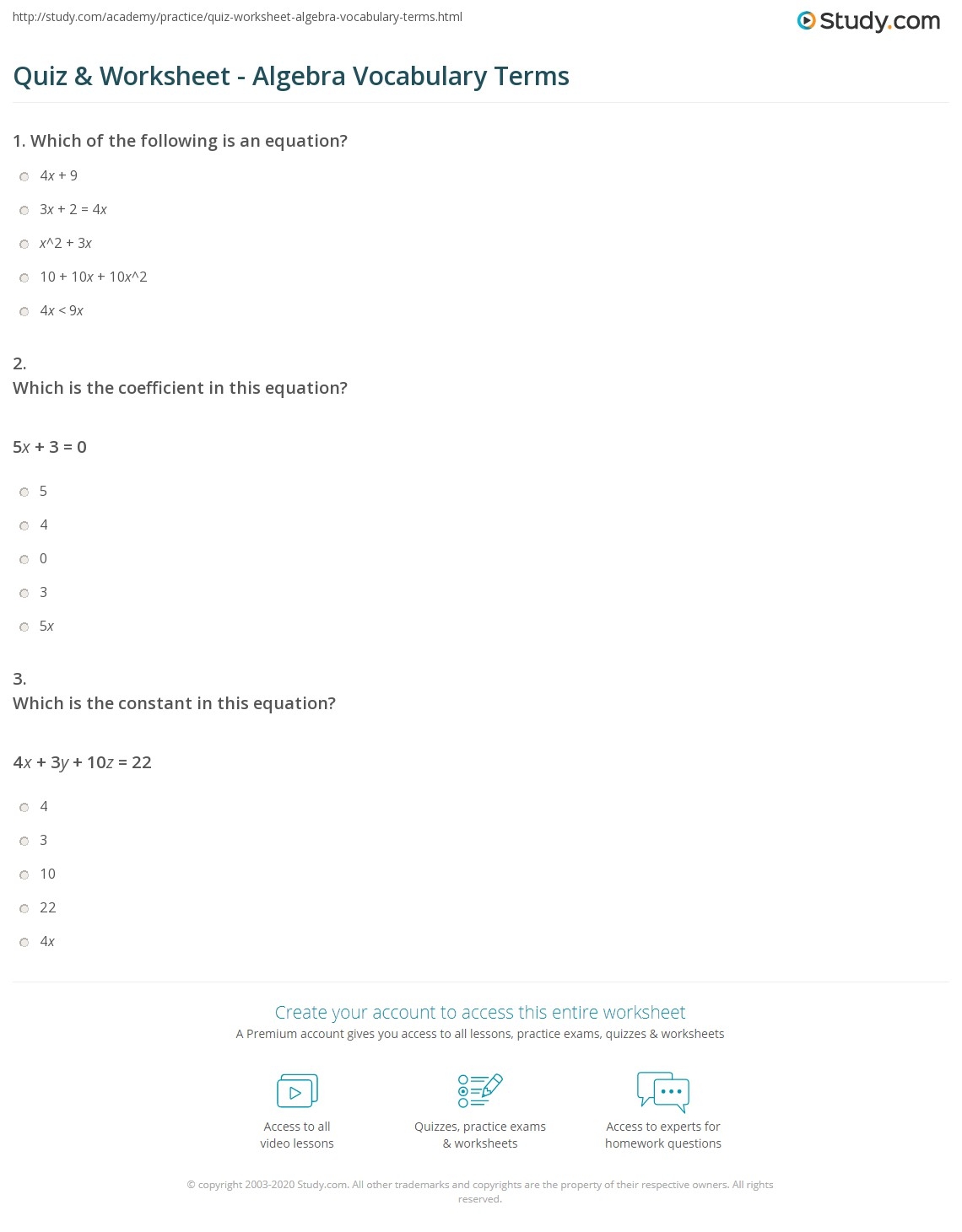 Quiz Worksheet Algebra Vocabulary Terms Study Basic Algebra Worksheets