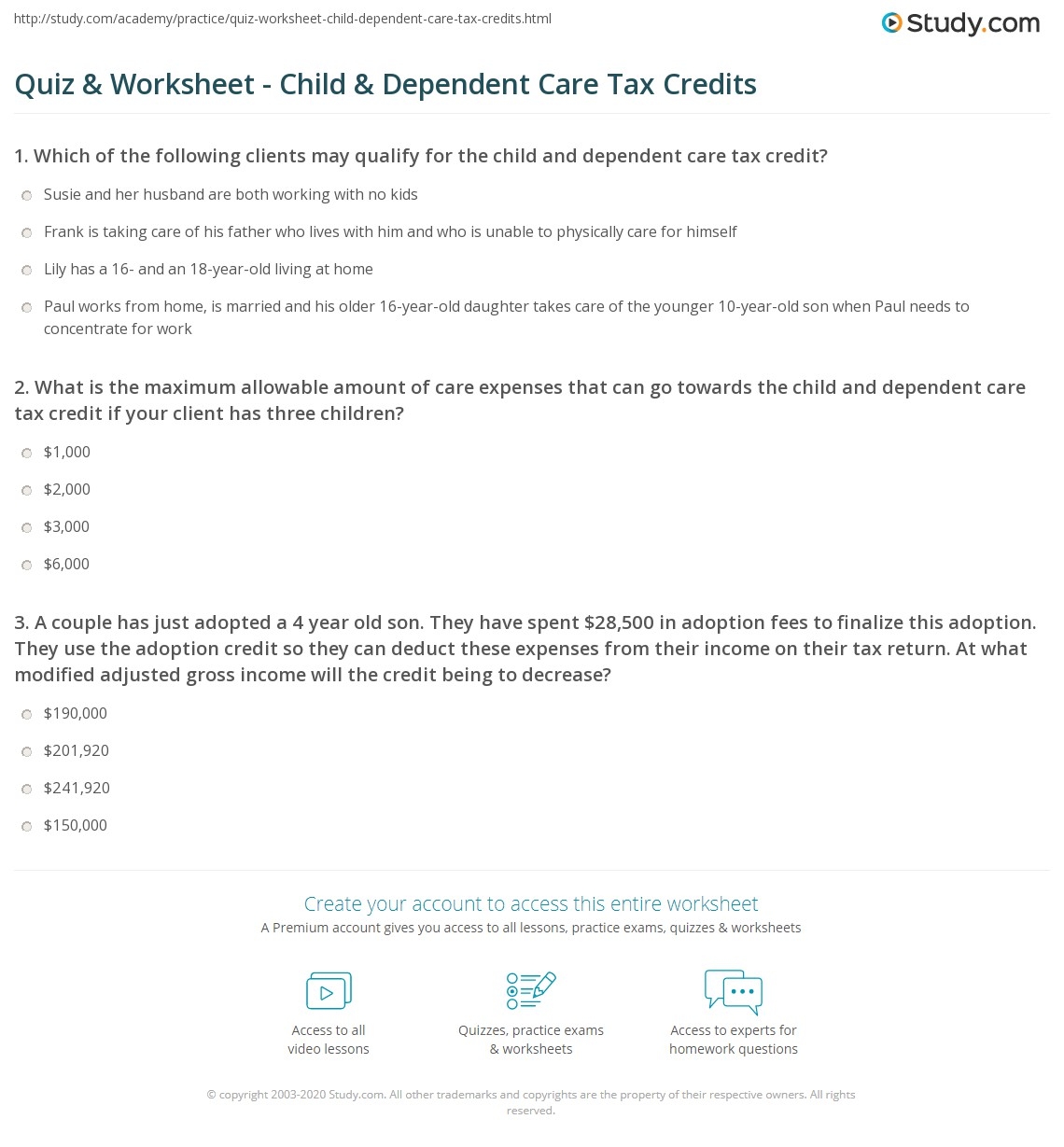 Quiz Worksheet Child Dependent Care Tax Credits Study Quiz Worksheet Child Dependent Care Tax Credits Study