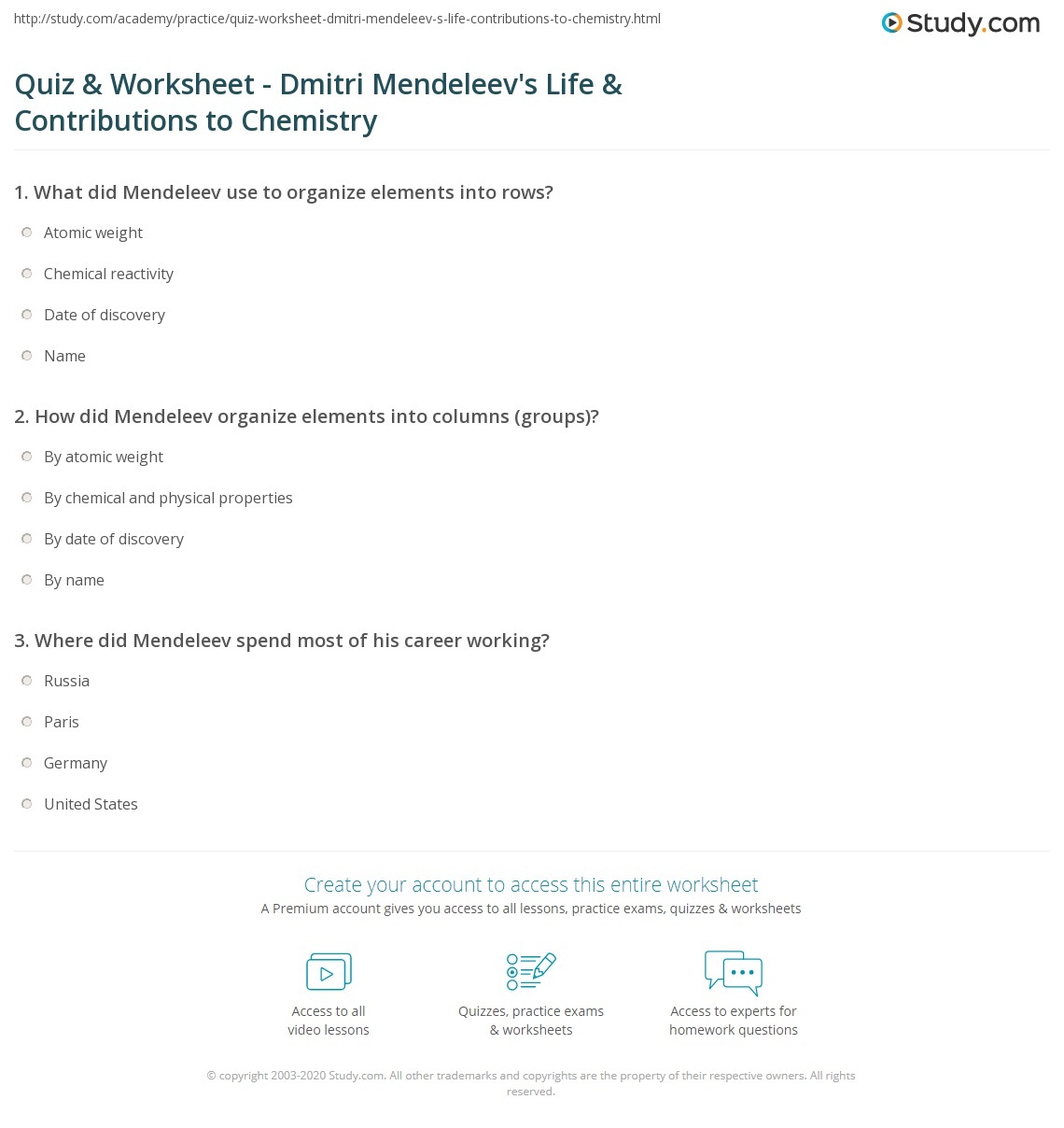 Quiz Worksheet Dmitri Mendeleev S Life Contributions To Chemistry Study