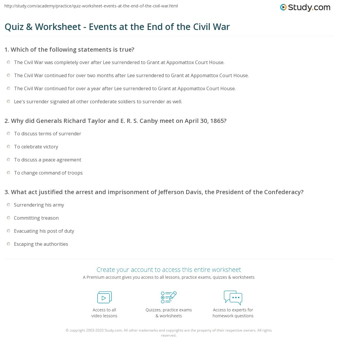 Quiz Worksheet Events At The End Of The Civil War Study