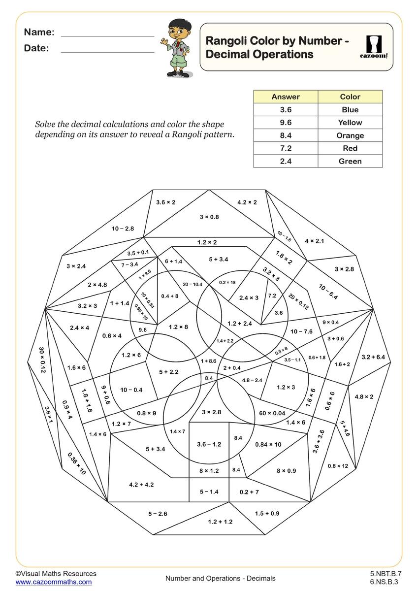 Rangoli Color By Number Decimal Operations Worksheet Printable PDF 5th And 6th Grade Number Operations Worksheet Cazoom Math