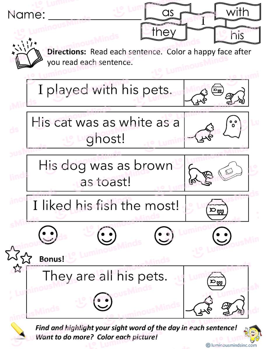 Reading Comprehension Worksheets Reading Review 4 As With His They And I