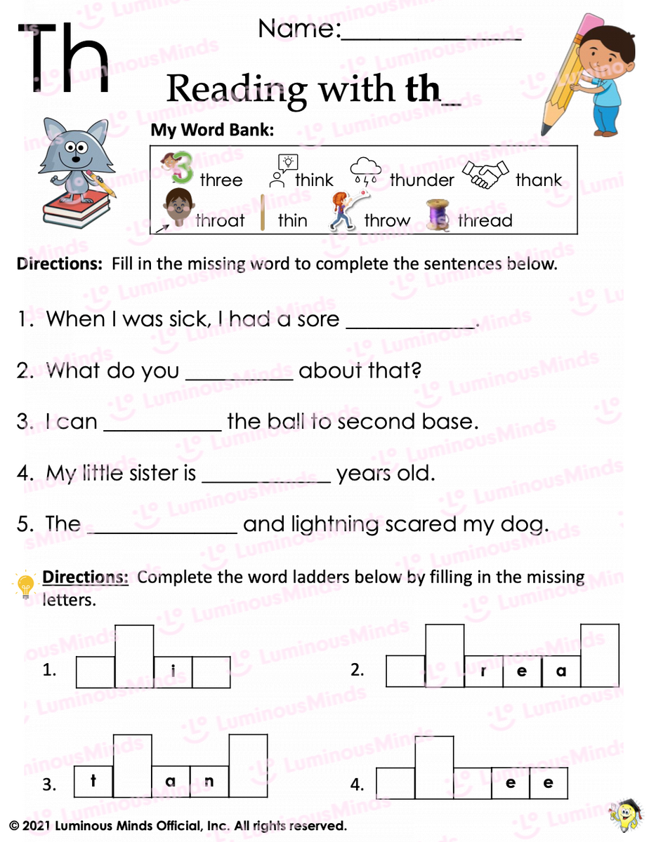 Reading Comprehension Worksheets Reading With Digraph Th