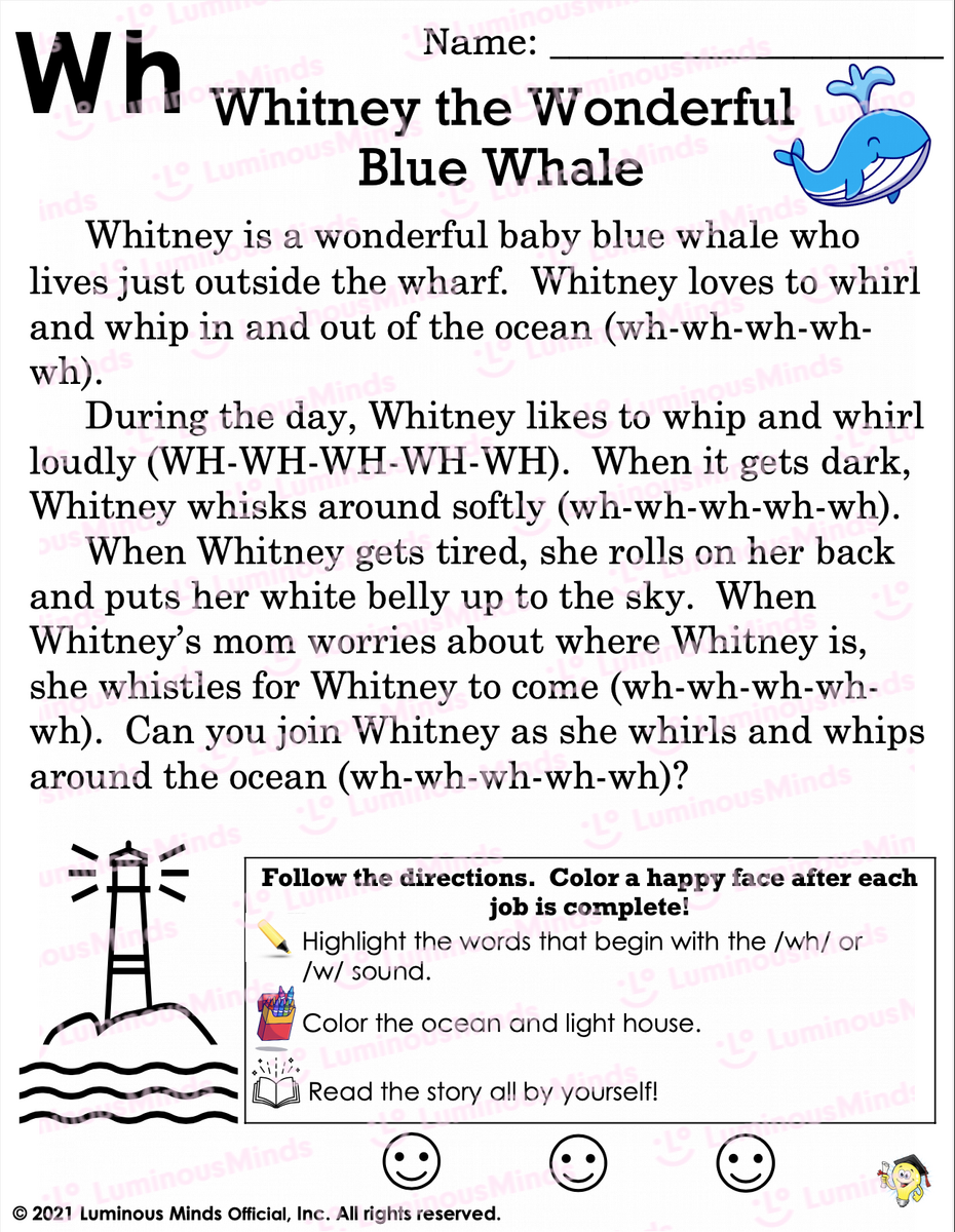 Reading Comprehension Worksheets Whitney The Wonderful Blue Whale Reading Practice With Digraph Wh Digraph Sentences Worksheets 6 Free Printables Literacy Learn