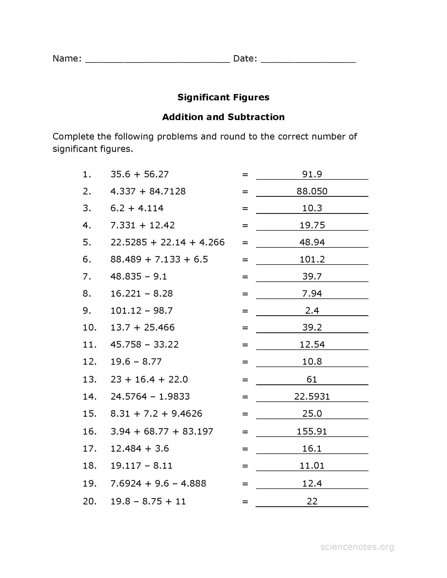 Significant Figures Worksheet PDF Addition Practice Significant Figures Worksheet PDF Addition Practice