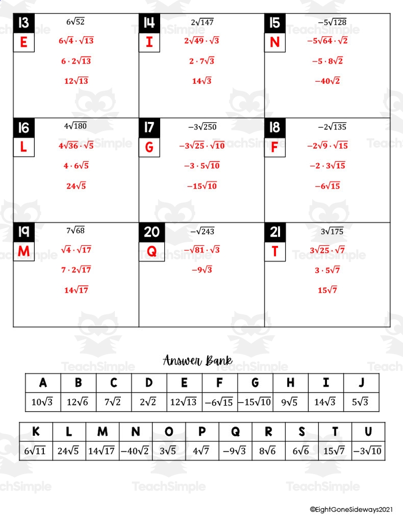 Simplifying Radicals Solve Match Worksheet By Teach Simple