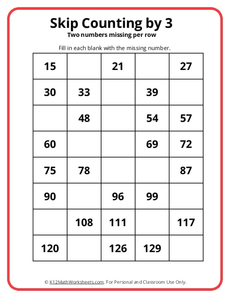 Skip Counting By 3 Worksheets Skip Counting By 3 Worksheets Free Printable Pdfs Teach Prints