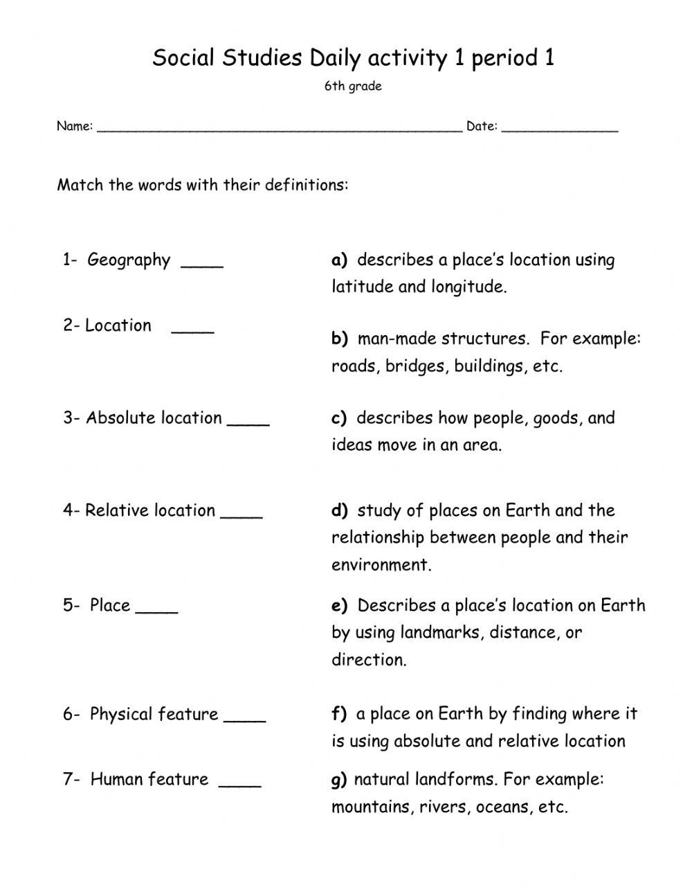 Social Studies Daily Activity 1 Period 1 Grade 6 Worksheet Worksheets Library 6th Grade Social Studies Week 2 Assignment Gateway Charter Academy Worksheets Library