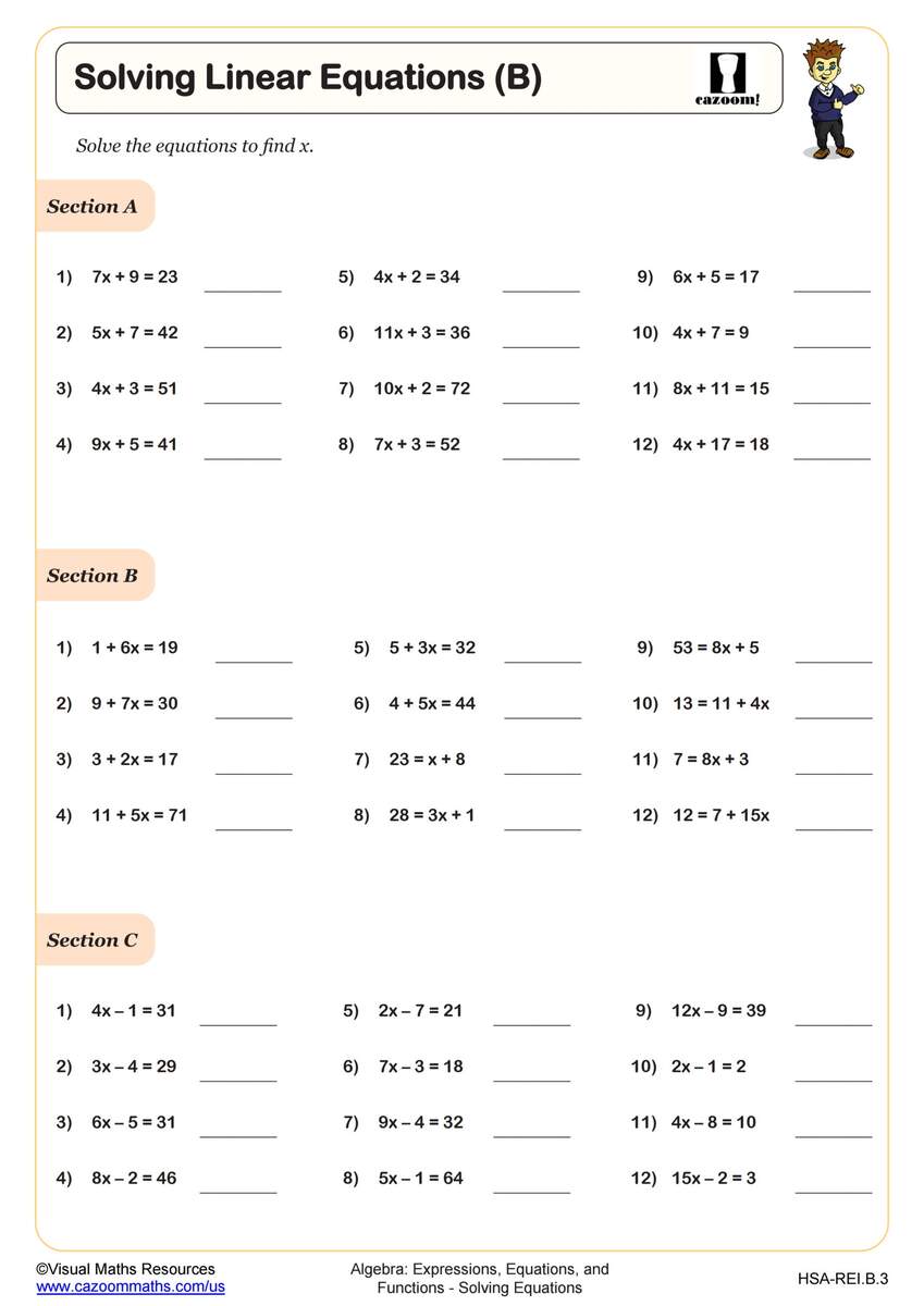 Solving Linear Equations B Worksheet PDF Printable Algebra Worksheet Cazoom Math Colorful Solving Multi Step Equations Tiered Worksheets Etsy