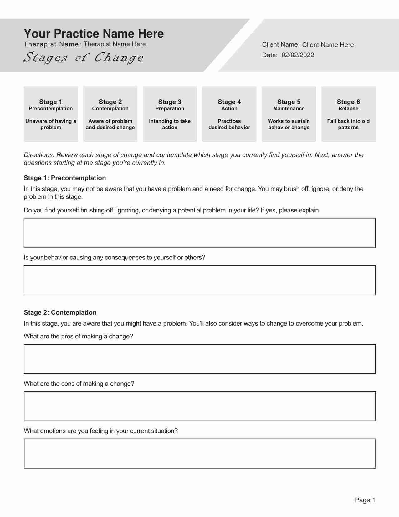 Stages Of Change Worksheet PDF Editable Fillable Printable TherapyByPro Stages Of Change Activities