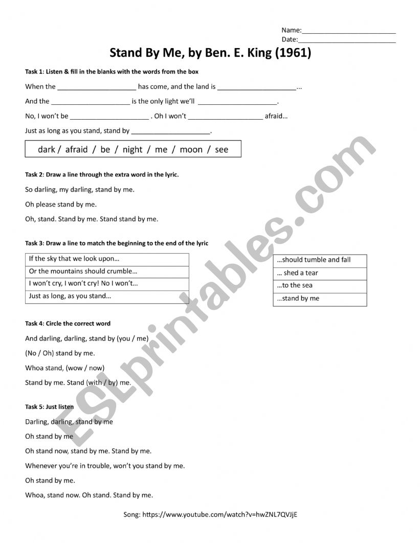 Stand By Me Ben E King ESL Worksheet By Shacurington Stand By Me Ben E King ESL Worksheet By Shacurington