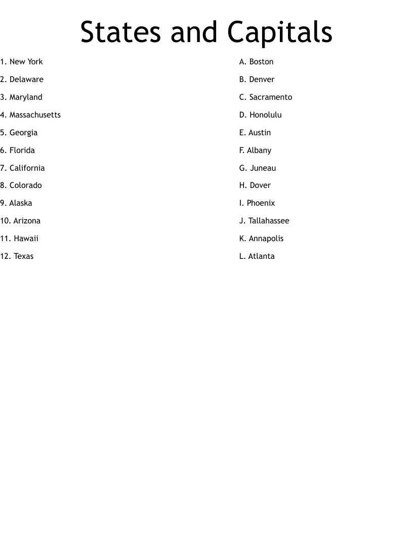 States And Capitals Worksheet WordMint Draw Lines To Match Each State To Its Capital City Worksheet WordMint