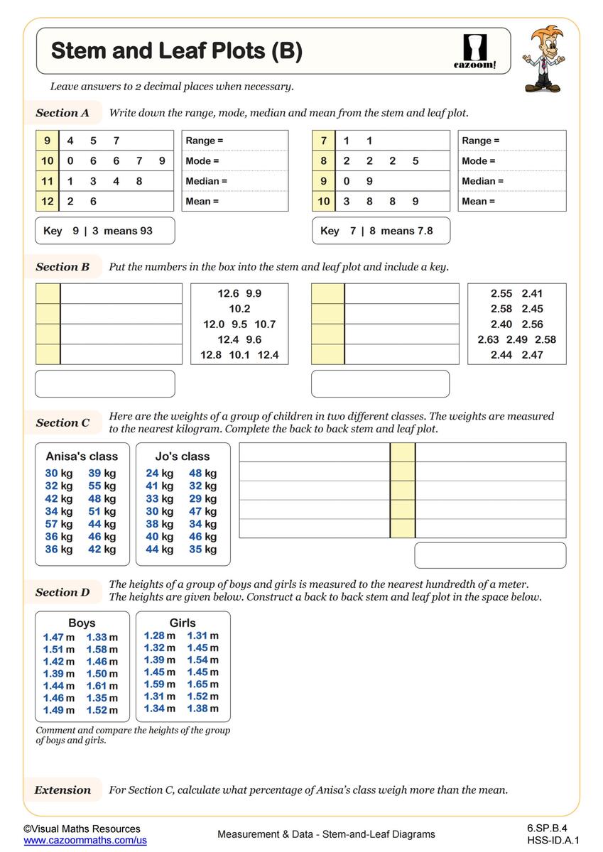 Stem And Leaf Plots B Worksheet PDF Printable Measurement Data Worksheet Cazoom Math Free Printable Stem And Leaf Plot Worksheets For Teaching Worksheets Library