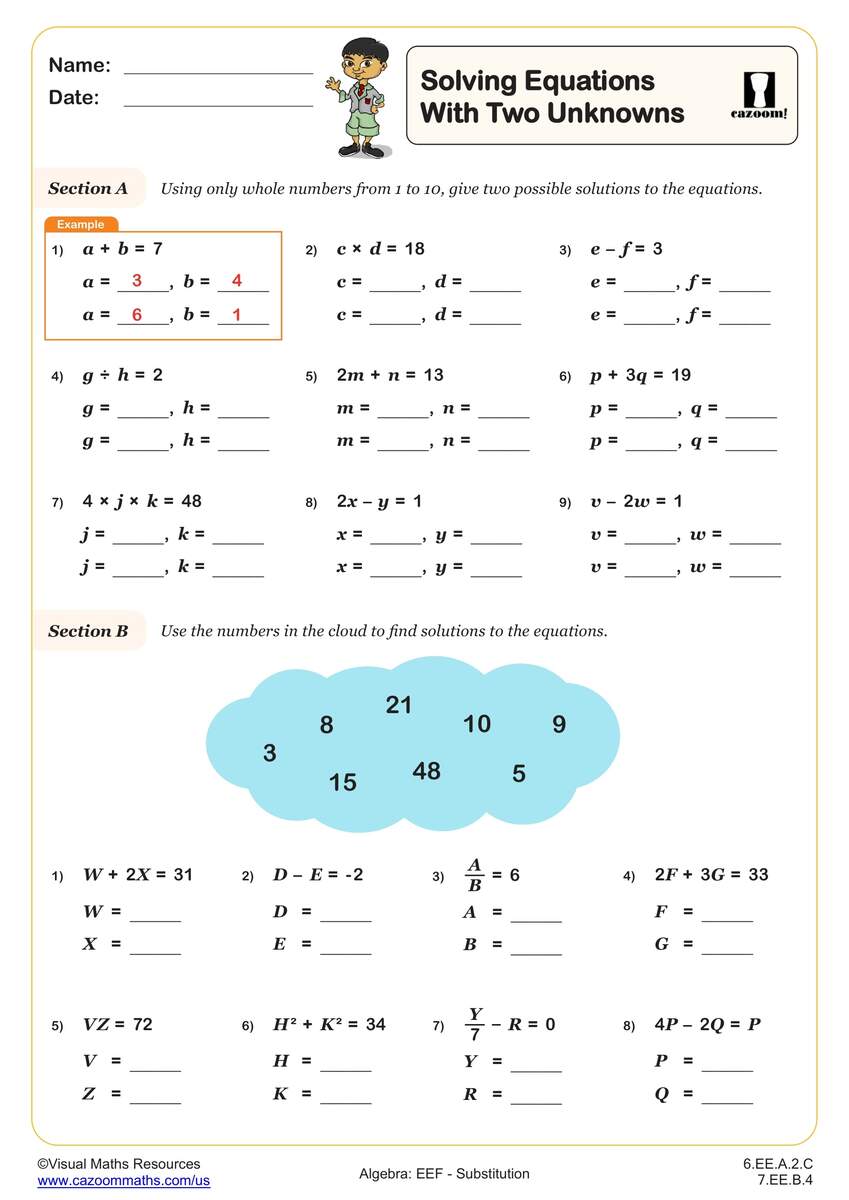 Substitution Math Worksheets Common Core Worksheets Cazoom Math