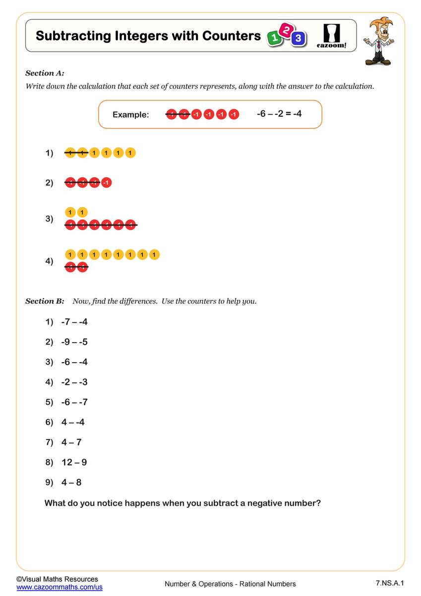 Subtracting Integers With Counters Worksheet Fun And Engaging 7th Grade PDF Worksheets Cazoom Math Subtraction Worksheets Free Printable Math Drills Free Printables Lettering SVG Files Tools Apps