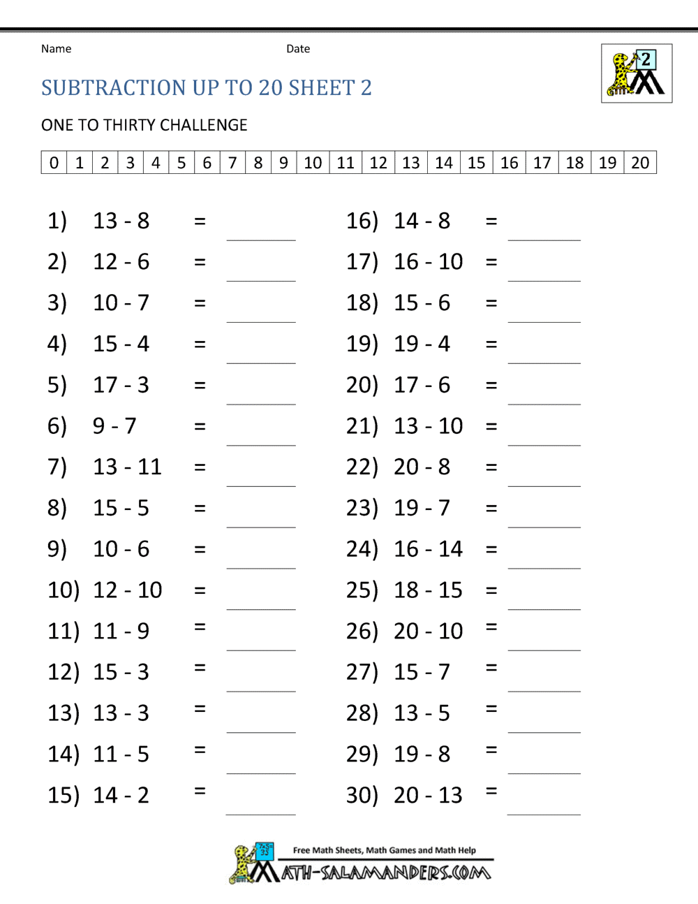 Subtraction Facts To 20