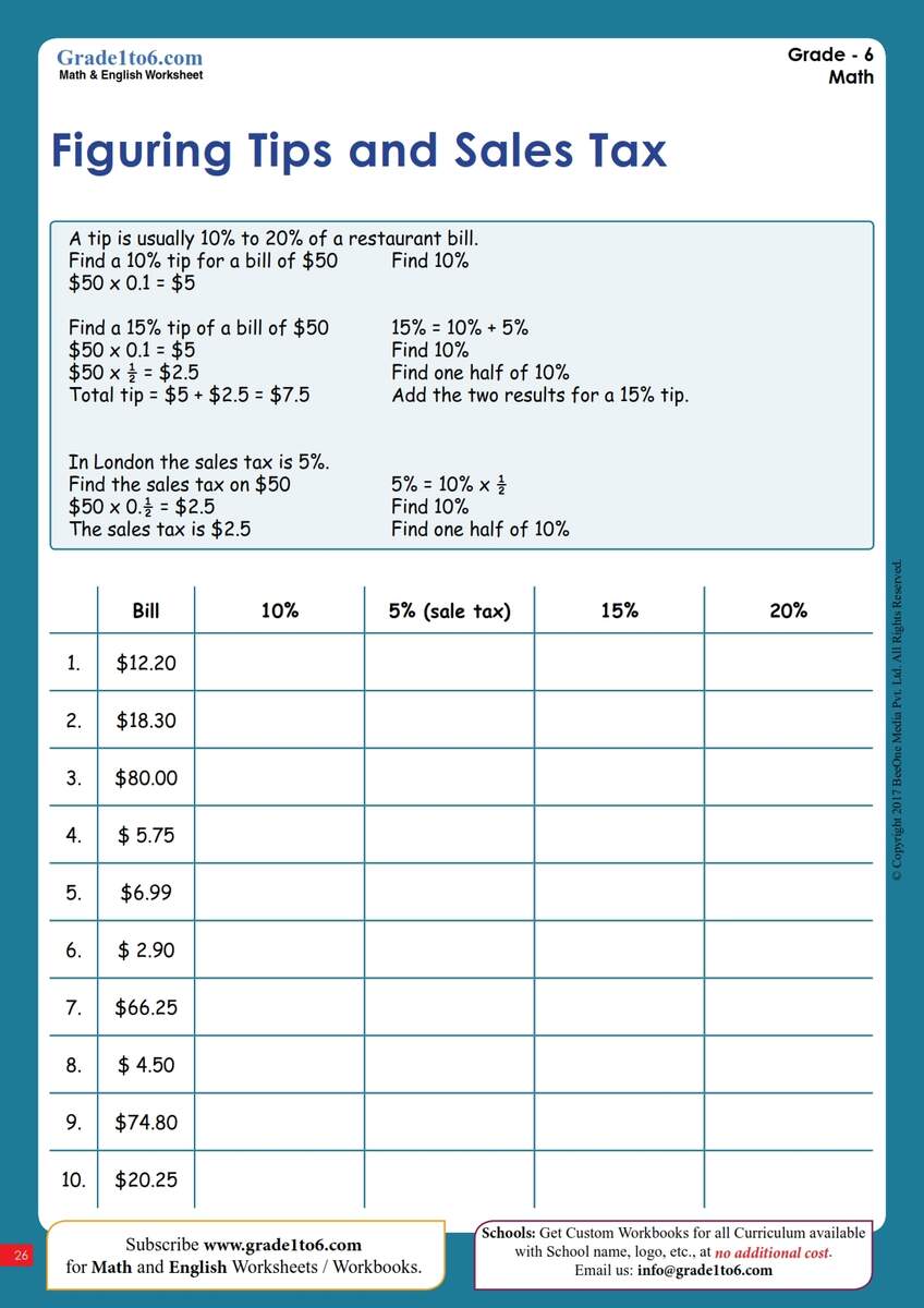 Tax Tip And Discount Word Problems Worksheet Grade1to6 Worksheets Library