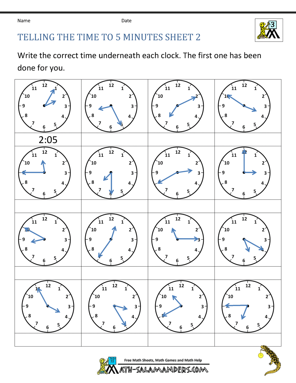 Telling Time To 5 Minutes Worksheets