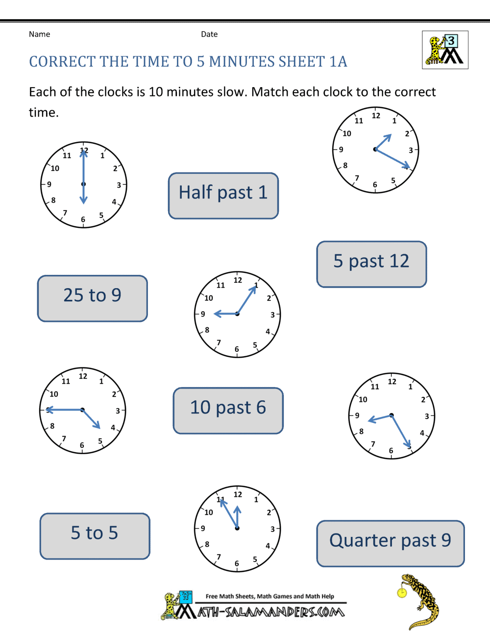 Telling Time To 5 Minutes Worksheets