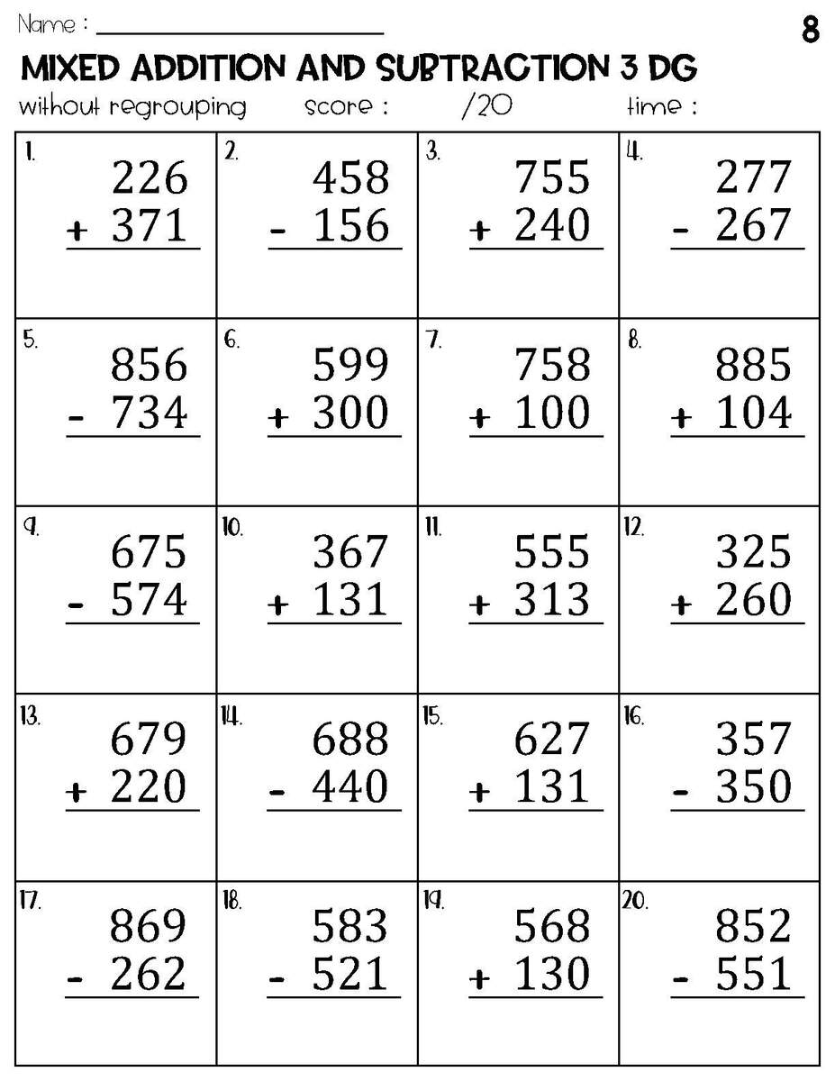100 Two And Three Digit Mixed Addition And Subtraction With Grid Worksheets Etsy