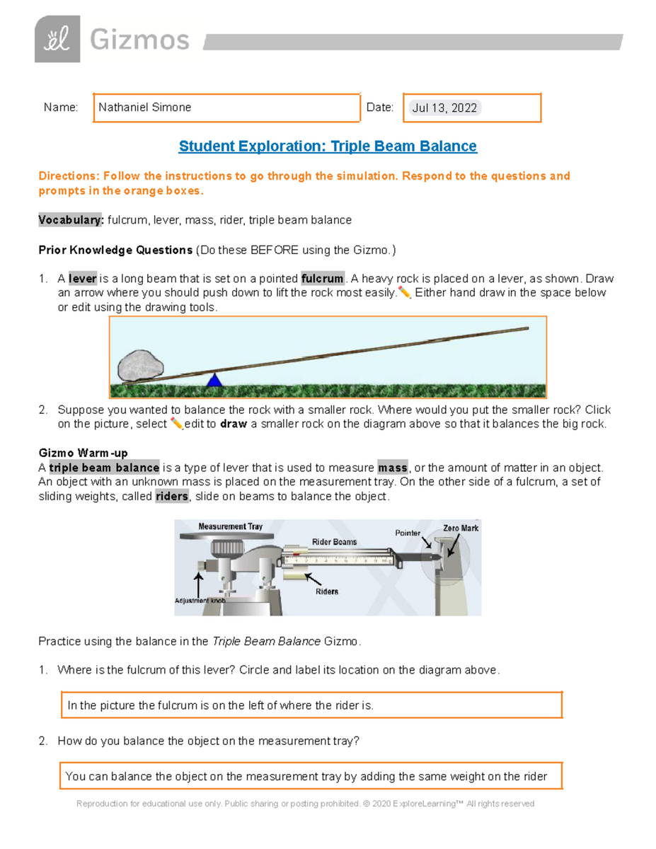 Triple Beam Balance Exploration Student Guide For Gizmo Activities Studocu