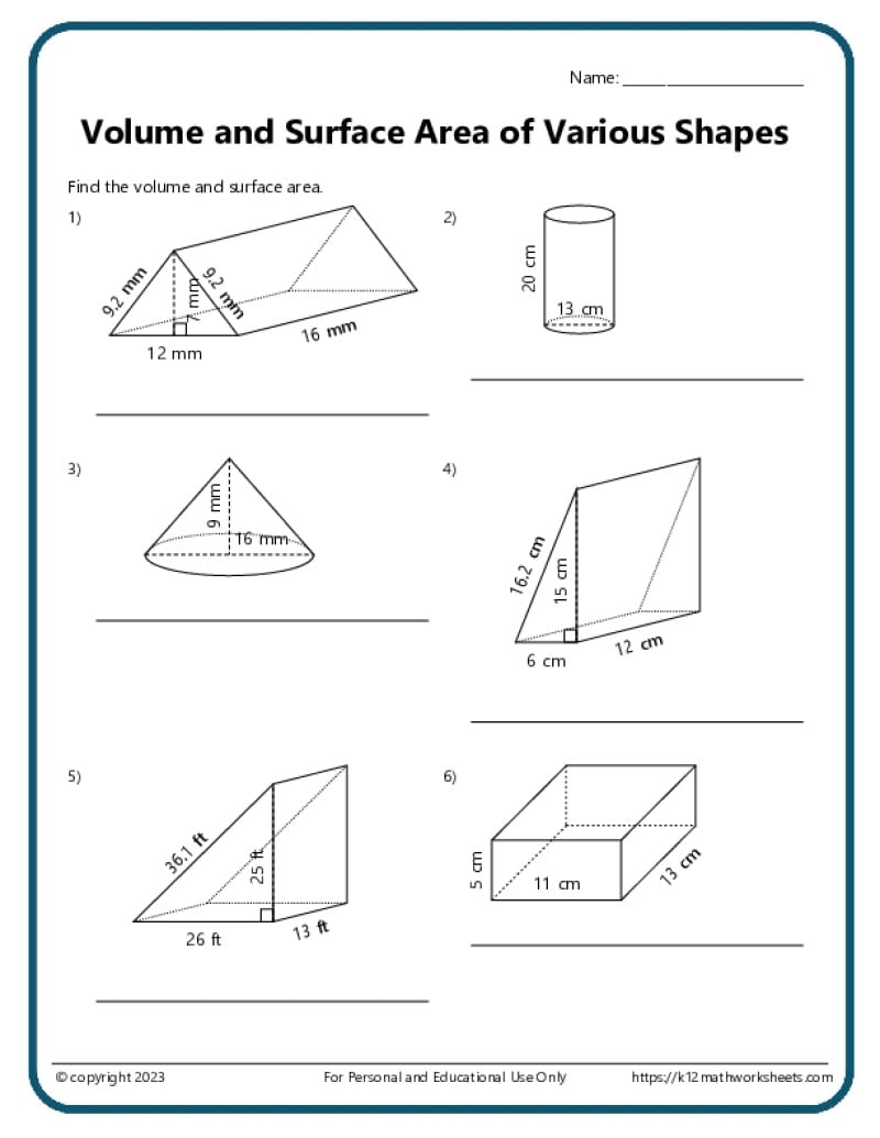 Volume And Surface Area Of Various Shapes K12 Math Worksheets Area And Perimeter Of Rectangle