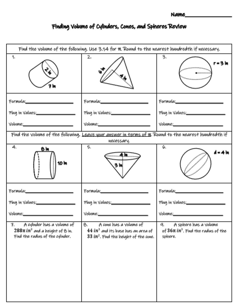 Volume Of Cylinders Cones And Spheres Review With Word Problems Worksheets Library