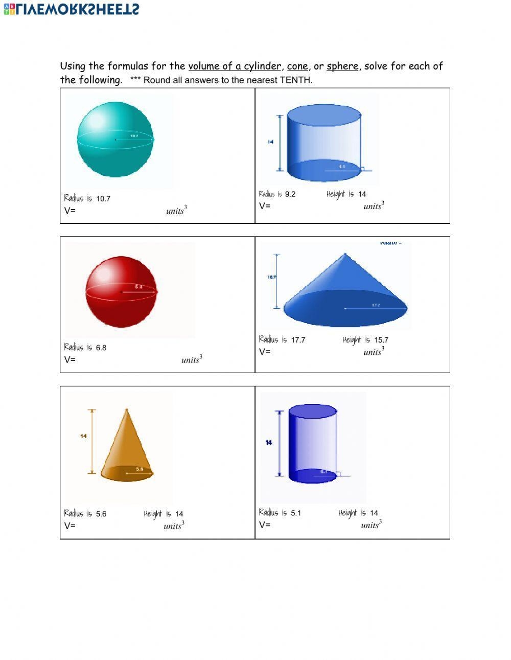 Volume Of Cylinders Cones And Spheres Review With Word Problems Worksheets Library