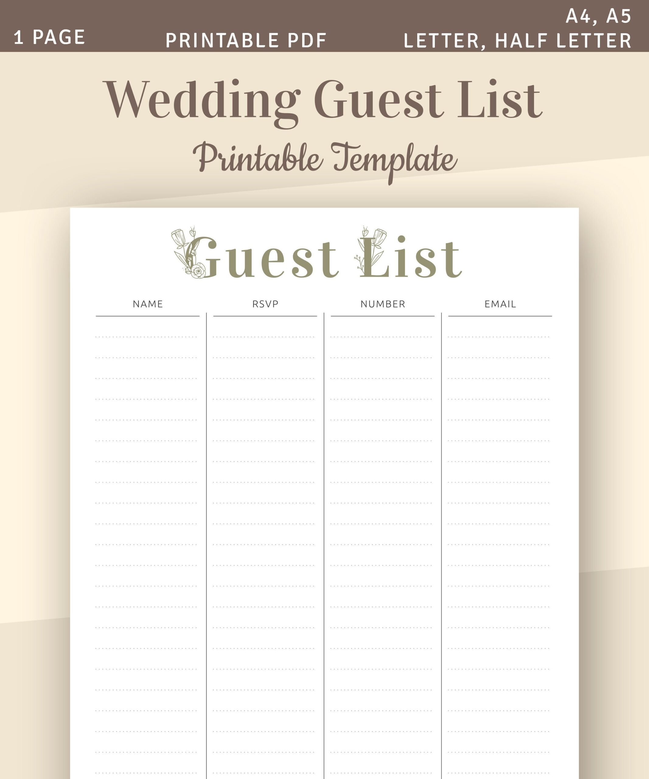 Printable Wedding Guest List Wedding Planner Event Planning Guest Tracker Print At Home Instant Download PDF US Letter A4 Etsy